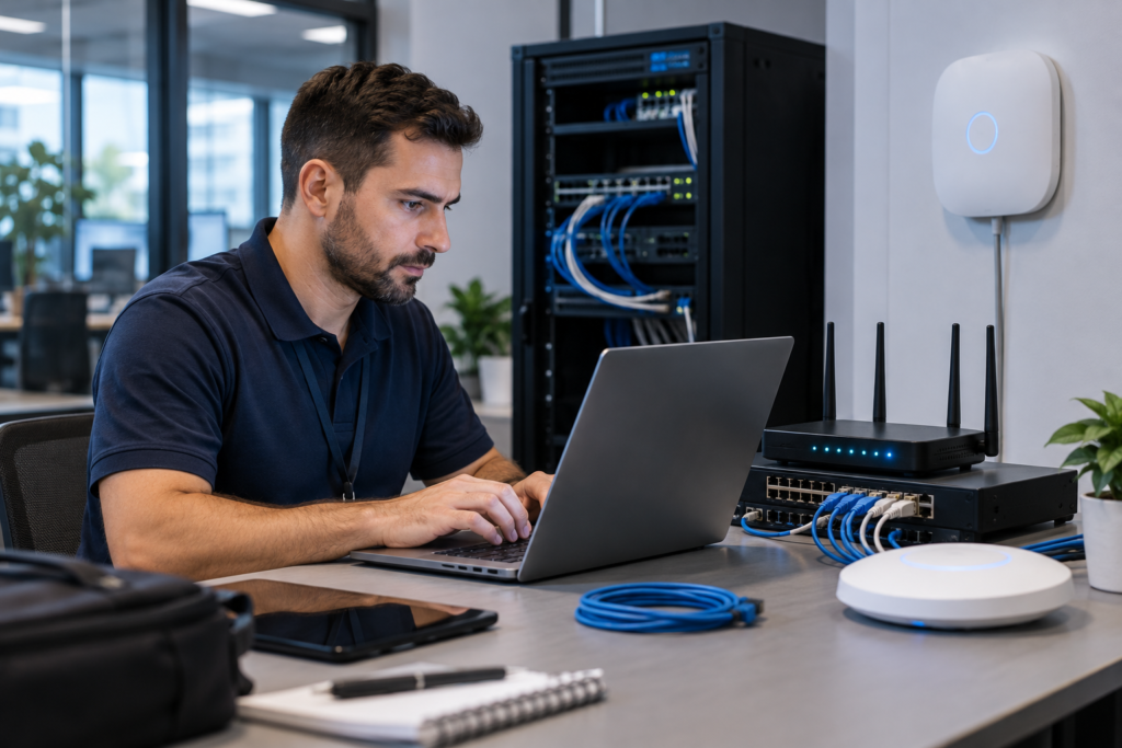 Technician configuring existing network and Wi-Fi equipment