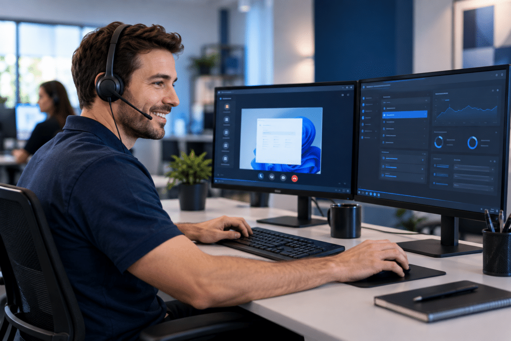Remote IT support technician assisting a customer